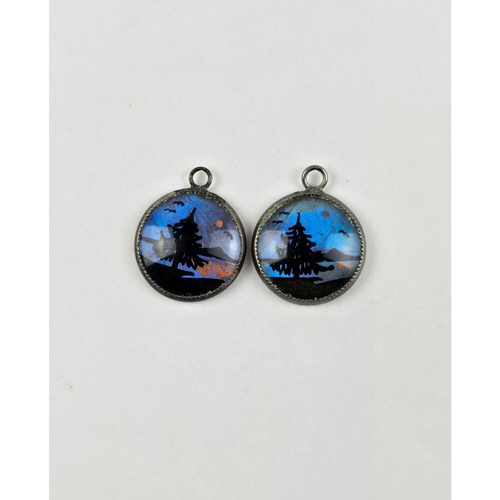 Pair Hoffman Sterling Silver Morpho Butterfly Wing Charm Pendant Trees Lake